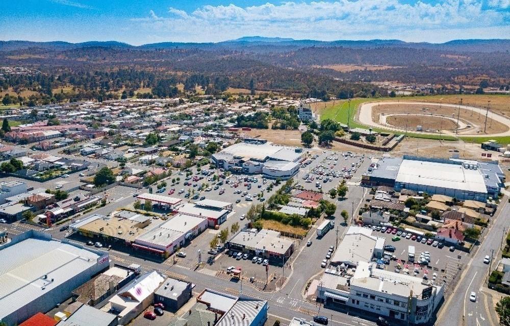 Aerial view of Mowbray Marketplace, sub-regional shopping centre in Launceston, Tasmania, managed under REIT.